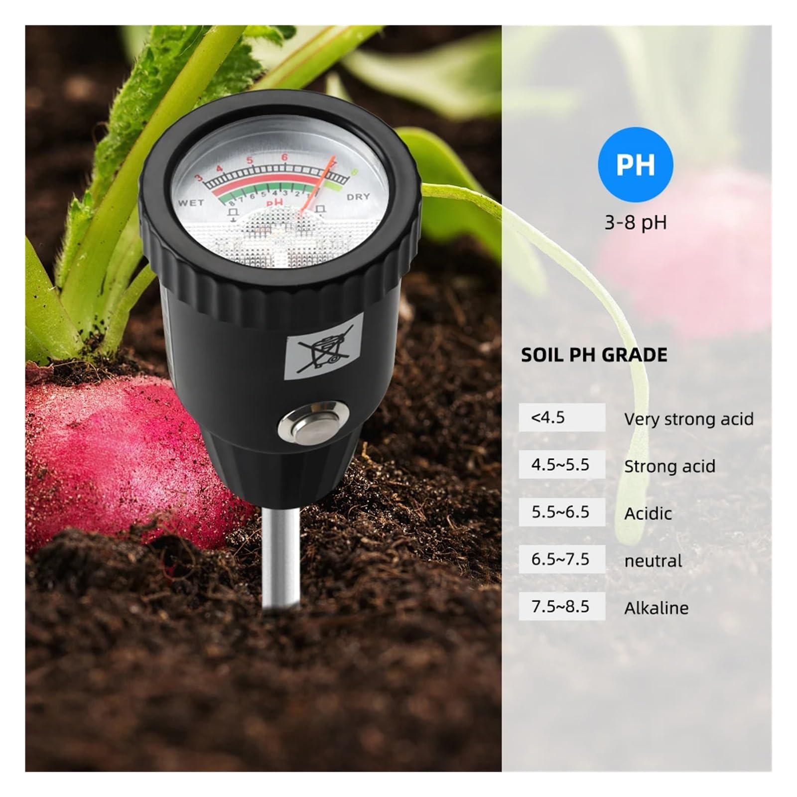 Medidor De PH/humedad Portátil 2 En 1, Analizador De Suelo De Jardín, Probador De Acidez, Herramienta De Plantación For Cultivos En Macetas