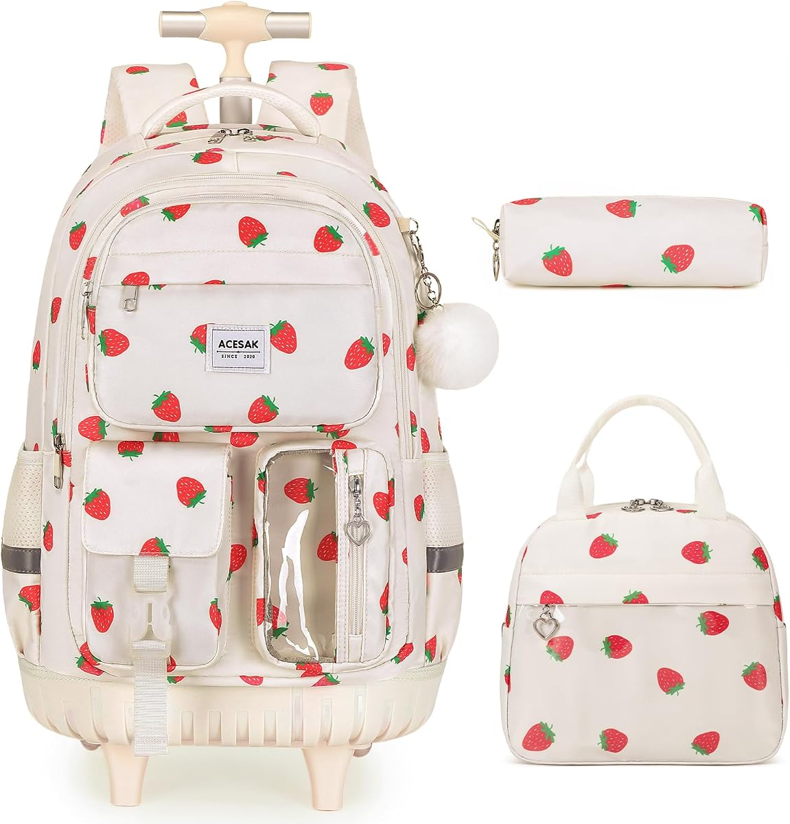 Rolling Backpack for Girls, Roller Backpack with Lunch Bag & Pencil Pouch for Teen Girls Kids, Bookbag Backpack with Wheels for Women Elementary Middle High School Travel (Beige Strawberry)