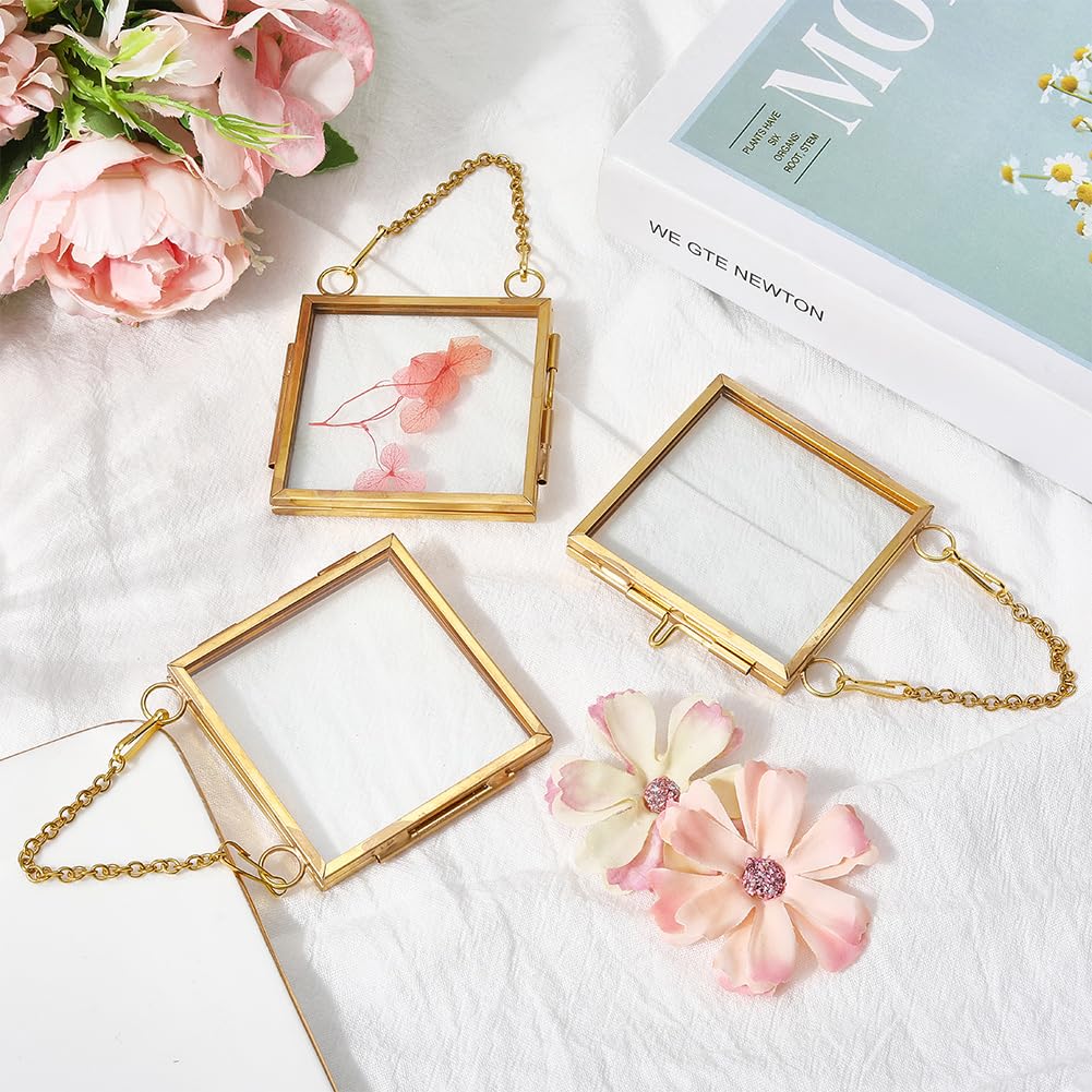 Marco de Fotos Colgante de Latón de 4 pulgadas con Flores Prensadas Minimarco Cuadrado Dorado de Doble Cristal Transparente Flotante con Cadena de Metal para Muestras de Plantas Decoración de