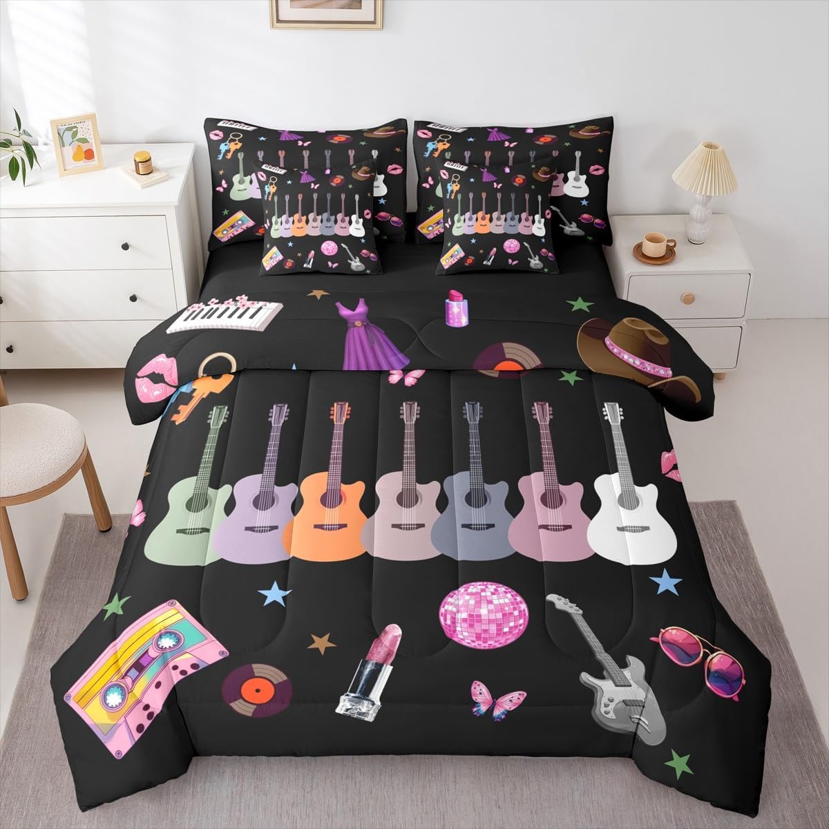 jejeloiu Girls Guitar Bedding Set Twin Size 7 Pieces for Women image 3