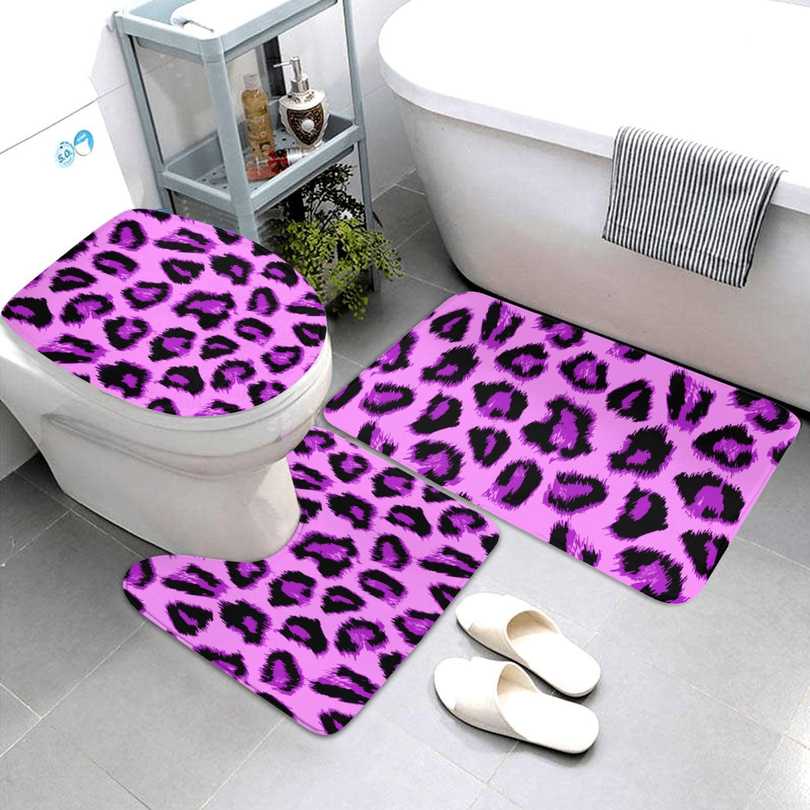 Tapis de salle de bain violet léopard (lot de 3) avec contour WC