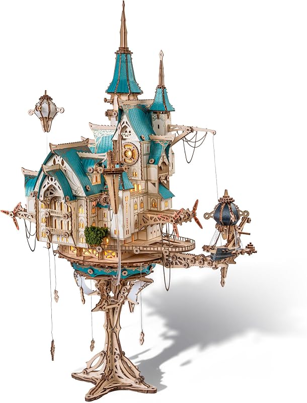 FUNPOLA 3D Wooden Puzzle Steam Castle Model Steampunk Baroque Building Kit | Floating Castle DIY Craft Kit, Bookshelf Decor Craft for Adults, Gifts for Book Lovers, Fantasy Miniature Kit