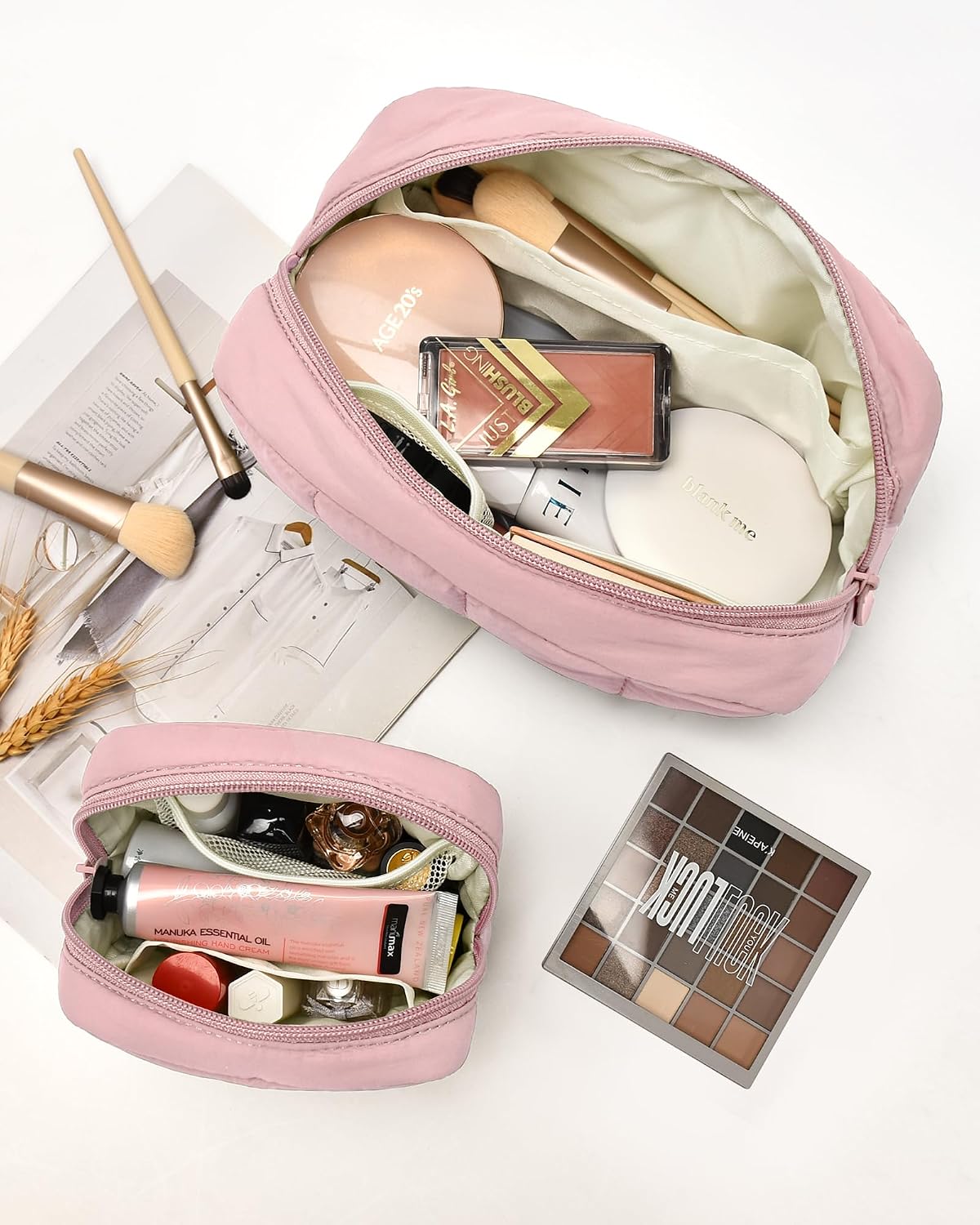 oscaurt 2 Pcs Makeup Bag Travel Toiletry Bag for Women Puffy Padded Cosmetic Pouch Purse Wide-open Makeup Organizer Case Travel Essentials image 2