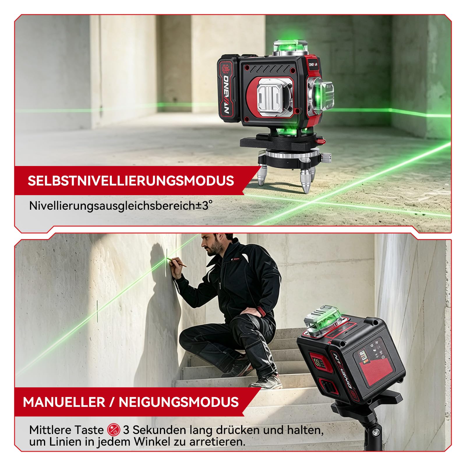 ONEVAN Nivelador Laser con Tripode, Autonivelación, 360° 4D Láser Verde | Autonivelación ±3°, 30m mando a distancia, pantalla LCD, con 2 baterías 4800mAh, para trabajos de montaje y pavimentación