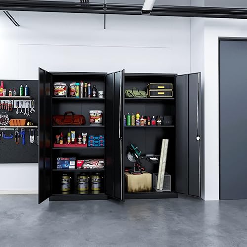 Miniatura 9 de PEUKC Armario de almacenamiento de metal gabinete alto de garaje con cerradura de 71 pulgadas gabinete de almacenamiento de metal con 4 puertas y 2