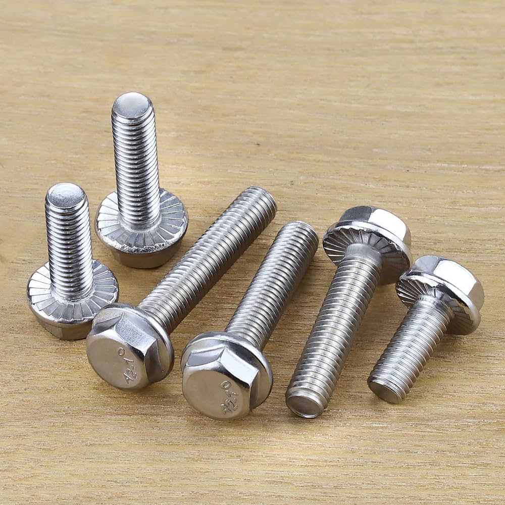 M5-0.8 x 12mm Hex Flange Bolt (0.47" Thread Length), DIN6921, Serrated Locking Flange, 304 Stainless Steel, UNC Full Thread, 50-Pack