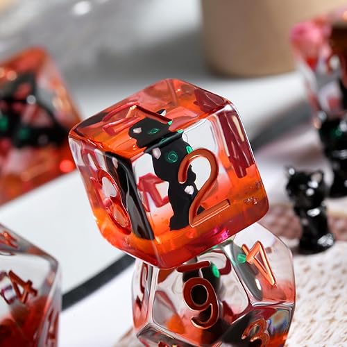 Miniatura 2 de DNDND - Juego de dados para juegos de gato negro, 7 dados DND de resina con bolsa de terciopelo para juegos de rol de Calabozos y Dragones y juegos