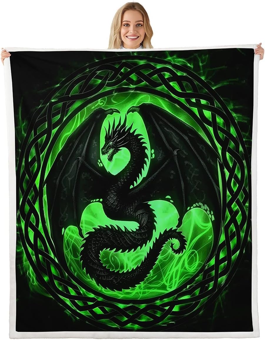 Erosebridal Wildlife Dragon Fleece Blanket Queen 90"X90",Exotic Dragon Green Sherpa Blanket Dreamy Dragon Throw Blanket Magical Wild Animal Plush Bed Blanket for Kids Boys Girls Bed