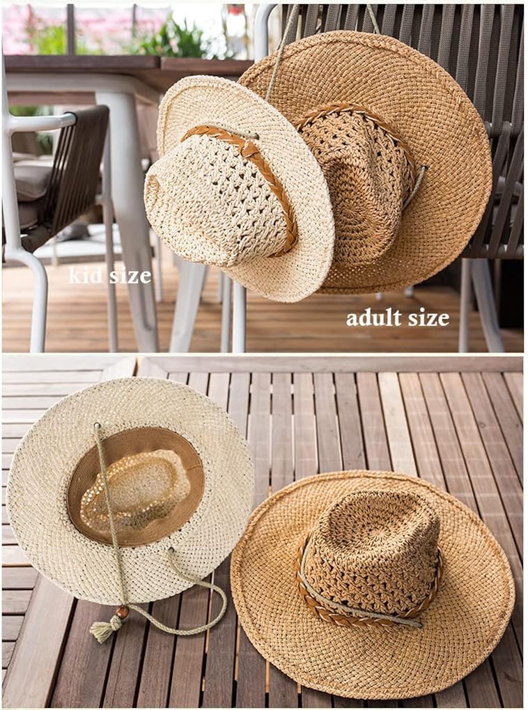 Straw Cowboy Hat Wide Brim Sun Hat Cowgirl Summer Panama Hat with Chin Strap Men Women Sombrero Travel Outdoor Family Hat : Clothing, Shoes & Jewelry