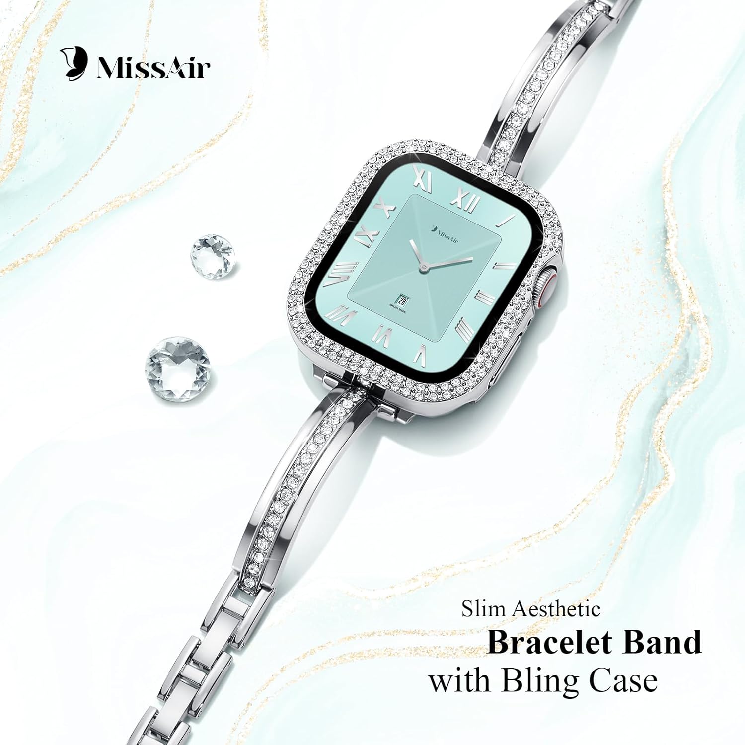 Missair Bands Compatible for Apple Watch Band 40mm 41mm 44mm 45mm with Screen Protector Case, Slim Metal Dressy Jewelry Bracelet Strap with Bling Diamond Cover for iWatch Series 9 8 7 6 5 4 for Women - Image 3