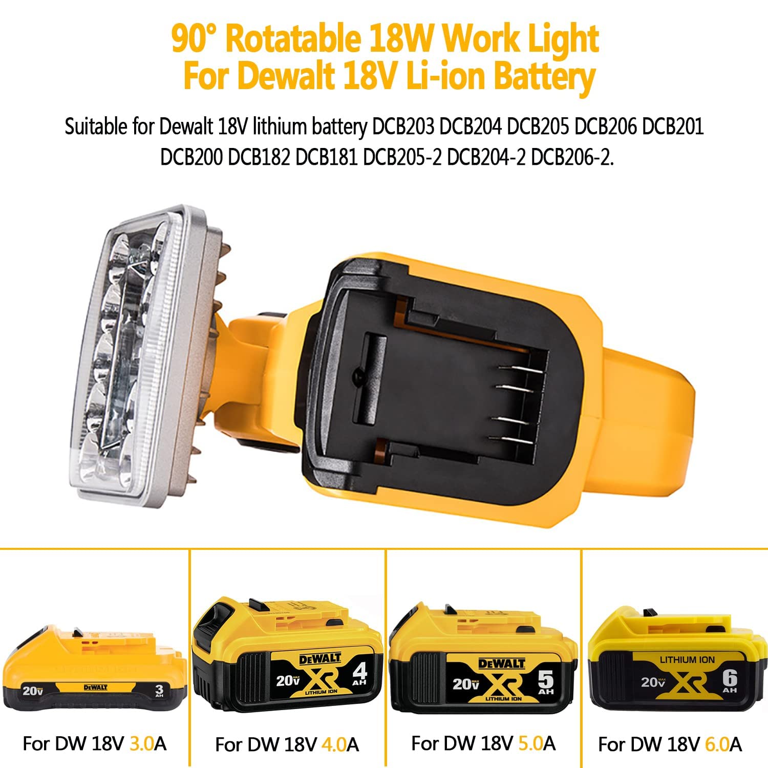 Luz de trabajo LED para Dewalt, exterior inalámbrica 20V 60V Flex Max Linterna LED Luz de trabajo recargable,18W 2000LM Focos,Adecuado para batería de iones de litio Dewalt 18/20V (Portátil)