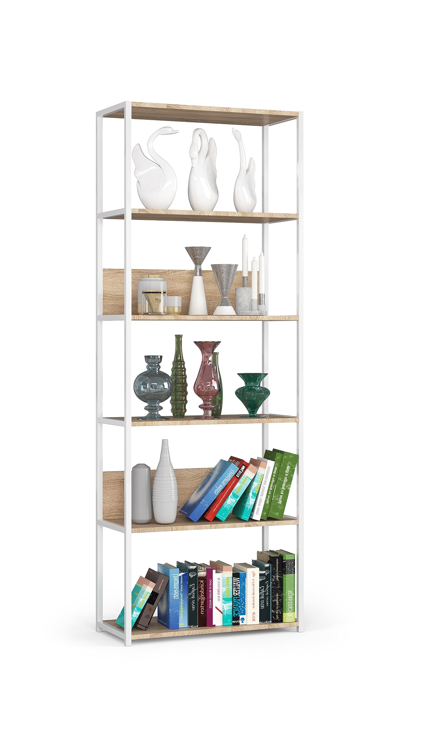 BDW Vintage Regal Wohnzimmer –Regal Industrial Style – Modernes Loft-Regal Aus Metall mit 6 Einlegeböden - Wandregal Industrial Style – 192x70x32cm - Weiss/Eiche Sonoma
