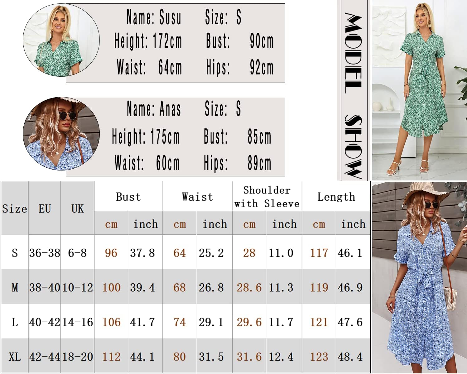 Jiraewh Damen Blumen Sommerkleid Knopf Kurzarm V-Ausschnitt Lose Knielang Kleid High Waist Midi-Hemdkleid Strandkleider Polka Dots Knopfkleid Langarmkleid - Image 6
