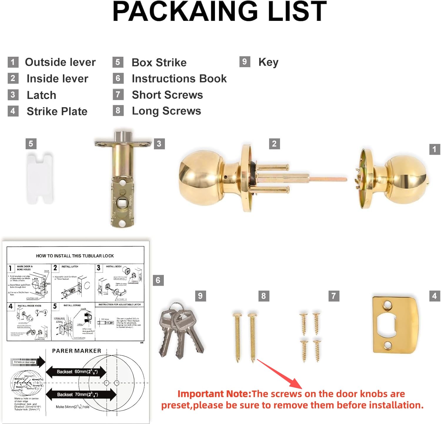 Gold Door Knobs with Lock & Key - 4 Pack -2