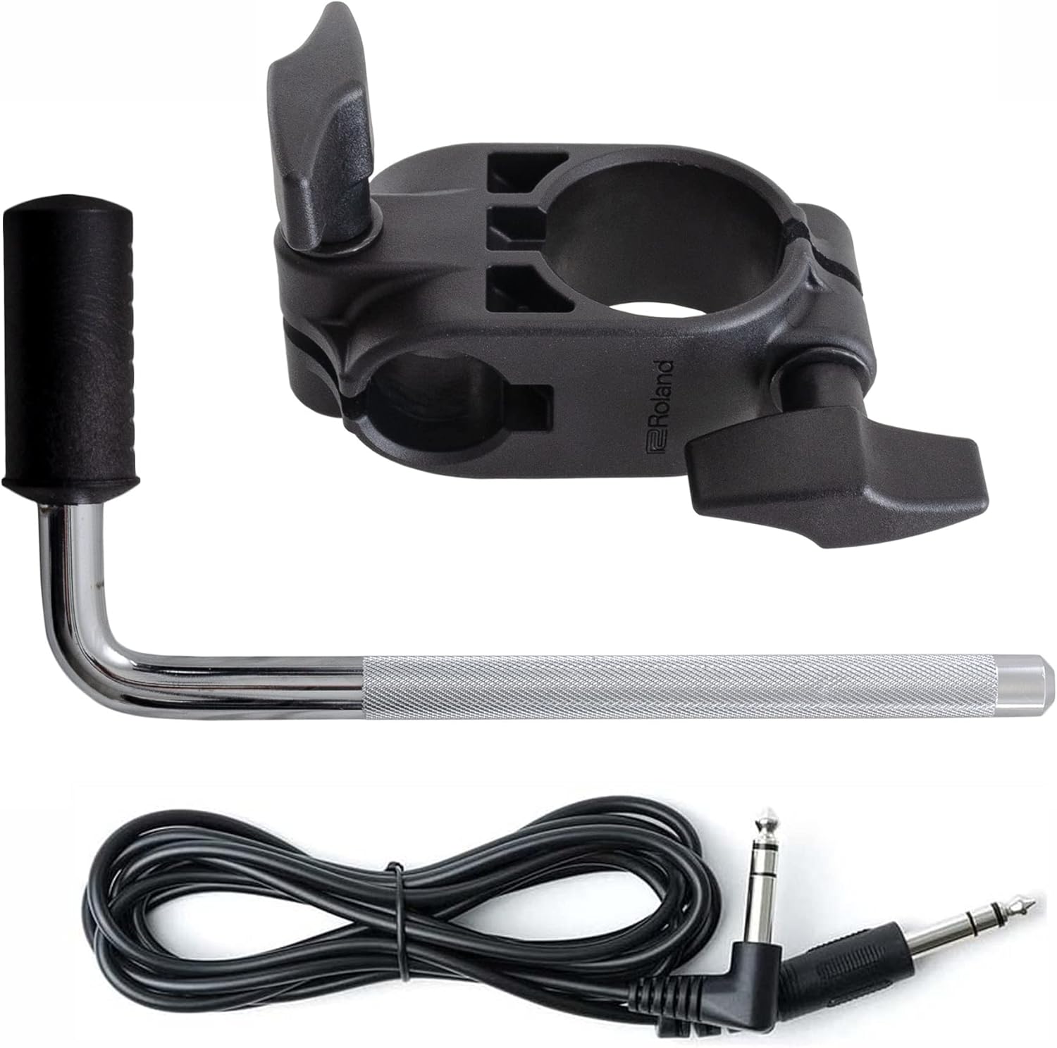 Roland 1.5 Inch Drum Rack Clamp, L-Rod and Silverline Audio 10ft Trigger Cable Bundle