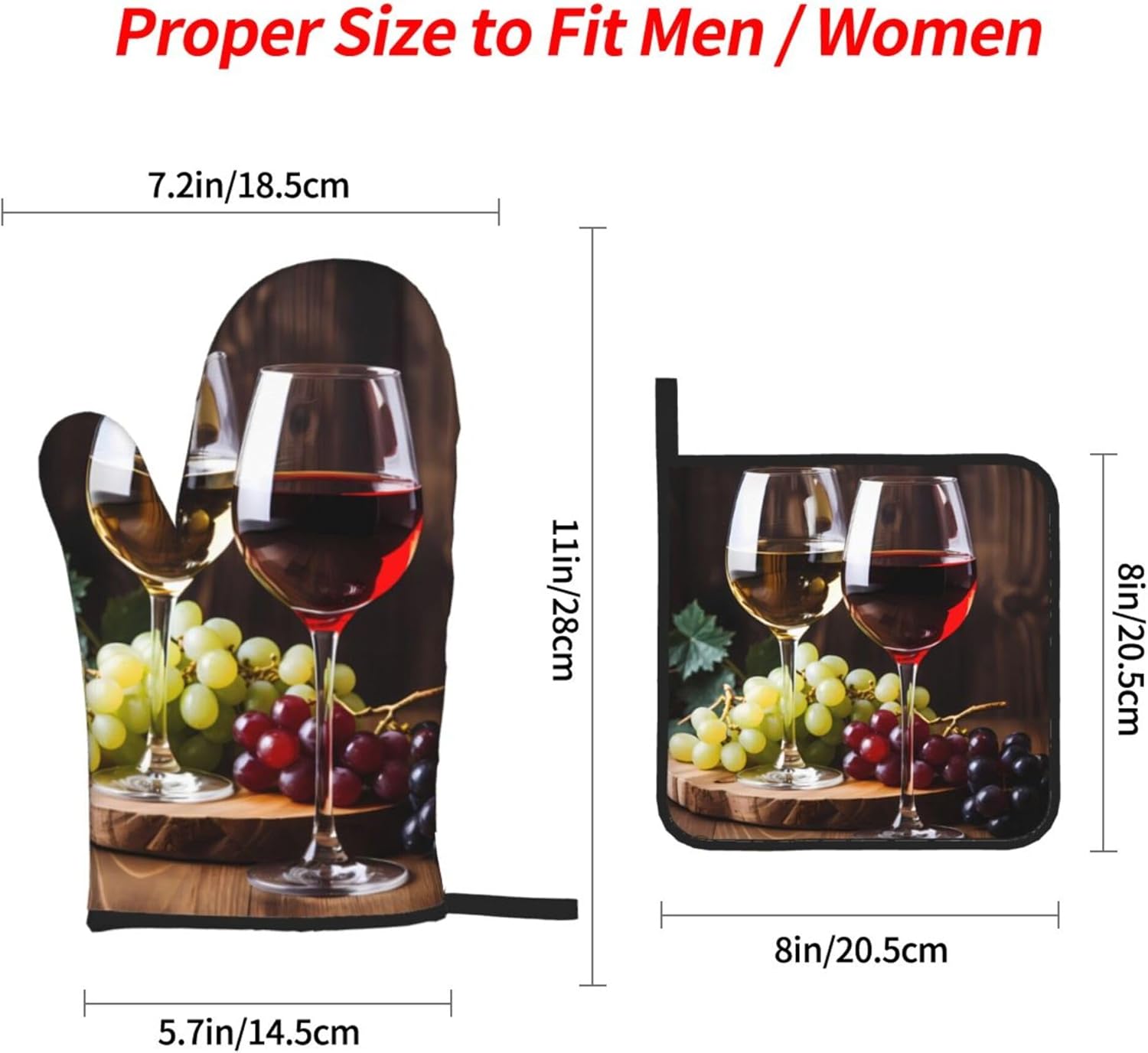 Red and White Wine Oven Mitts and Pot Holders Sets Grape Wooden Kitchen Oven Gloves Heat Resistant 500 Degrees Oven Mitt and Hot Pad for Cooking BBQ Baking Grilling