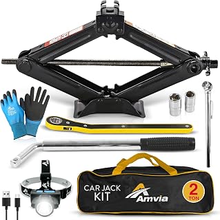 AMVIA 2 Ton Scissor Jack Kit (4400 lbs) - Universal Car Tire Change Tool Kit with Lug Wrench, Rechargeable Headlamp, Gloves & Storage Bag