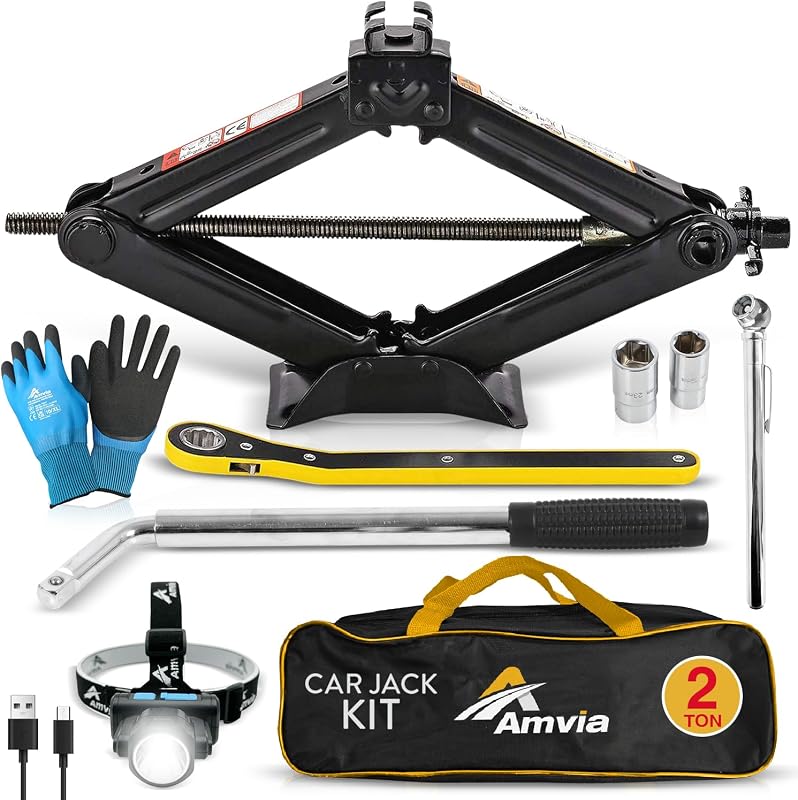 Kit de gato para auto, gato de tijera de 2 toneladas con llave de tuerca, herramienta de cambio de neumáticos automático | Kit de emergencia portátil, Automóviles y SUV, Cambio de llanta de repuesto, Faro LED, Manómetro de presión de llantas, Guantes de trabajo