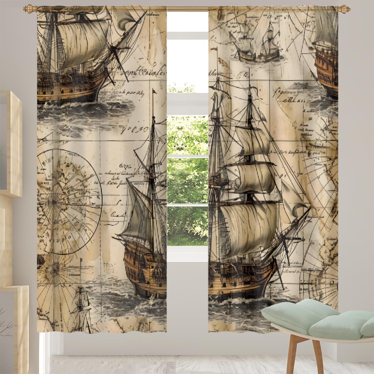 Vintage Pattern Sailboat Sheer Curtains 78 Inches Long Length 2 Panels set Semi Sheer Drapes Rod Pocket Light Filtering Window Treatments Curtains for Living Room Bedroom Farmhouse Kitchen Decorate