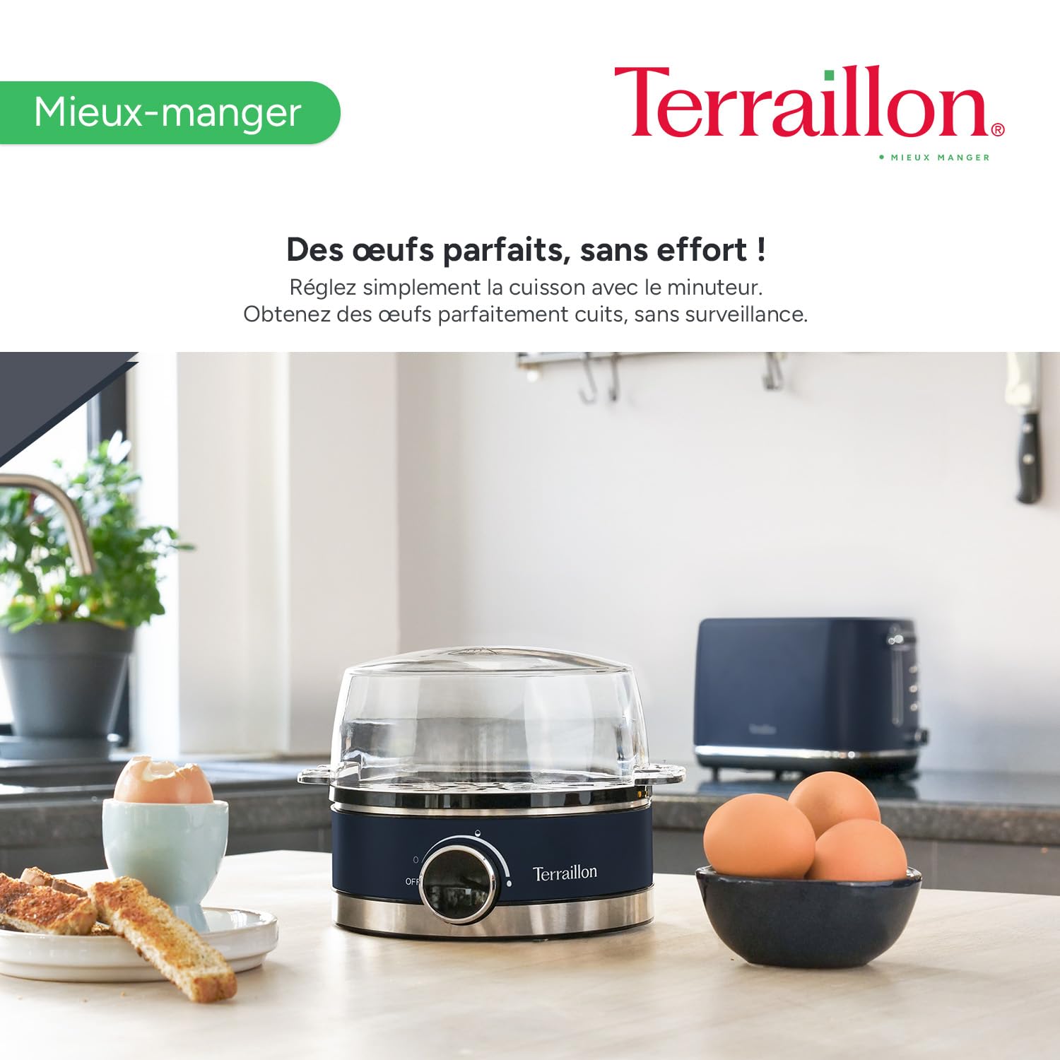 TERRAILLON - NEW MOON - Cuiseur à oeuf électrique, Capacité 7 oeufs, 410 W, Minuteur intégré, couvercle intégré, gobelet de mesure, Corps Inox peint, Bleu