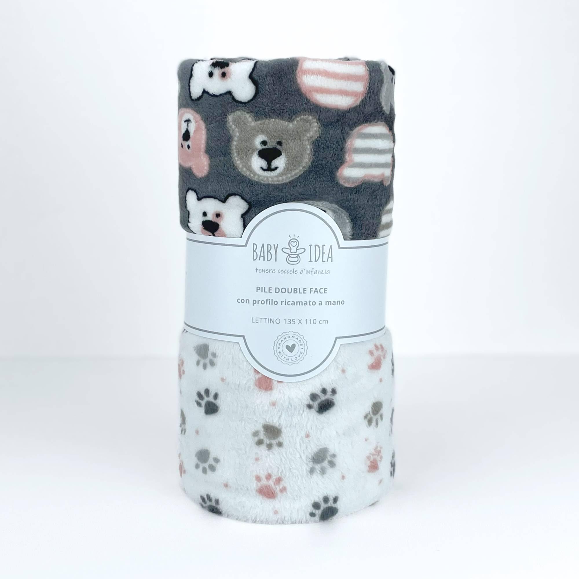 baby idea - Copertina Neonato Invernale Di Alta Qualità Calda e Morbida Con Profilo Ricamato a Mano Copertina Pile Lettino Made In Italy (135 X 110, Orsetto Grigio)