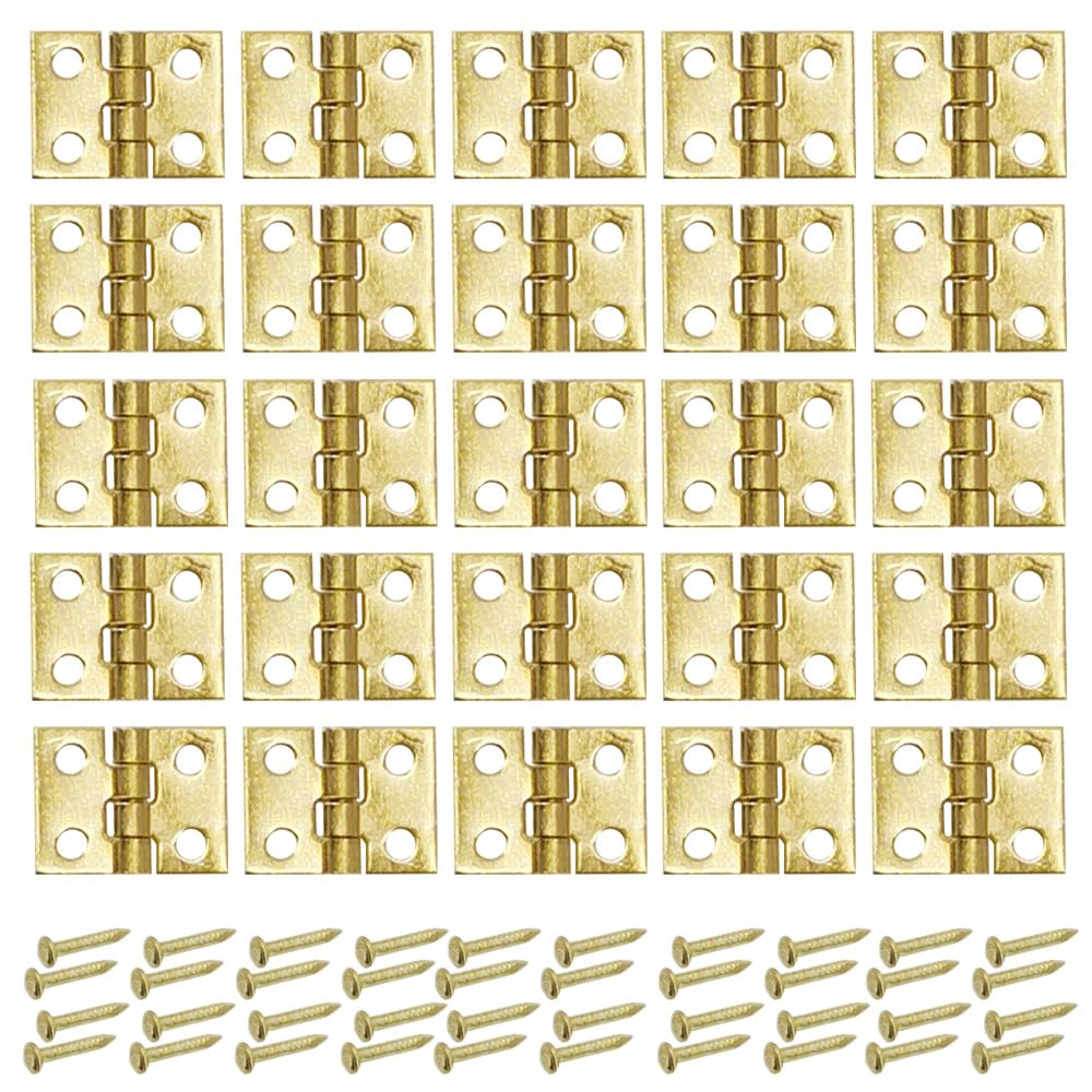 Yosawo Gold 50 Pcs Antique Mini Brass Hinges Miniature Furniture Cabinet Hinges For Diy Wooden Jewelry Box, Doll Houses, Tool Box（Gold）