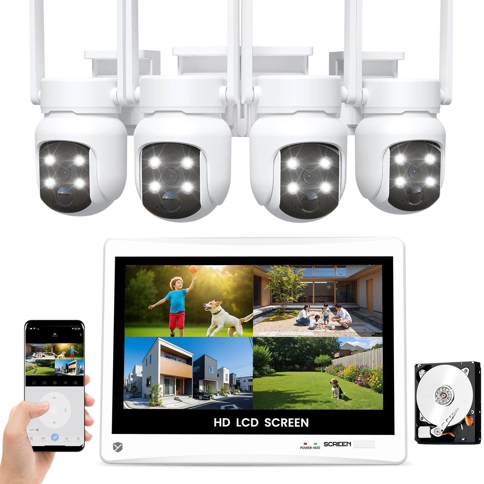 【5MP・360°首振り自動追尾】防犯カメラ 屋外 ワイヤレス YESKAMOO 12インチ一体型IPS防犯モニターとカメラ4台セット 10台まで増設 AI人物検知 フルカラー暗視撮影 双方向通話 Wi-Fi監視カメラ IP66防水 H.265+圧縮 24時間常時録画 屋内/屋外 セキュリティ 監視カメラ（500万画素無線防犯カメラ4台＋12インチ防犯モニター付き録画機＋内蔵式HDD）