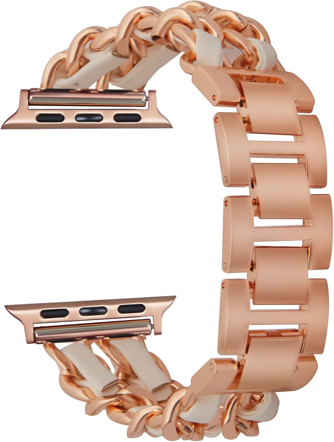 Compatible With Apple Watch Band for Woman 38mm 40mm 41mm, Metal Strap Leather Over Gold Chain Cowboy Style Replacement iWatch Series 9 8 7 6 5 4 3 2 1 SE (Rose Gold Link with White Leather) - Image 8