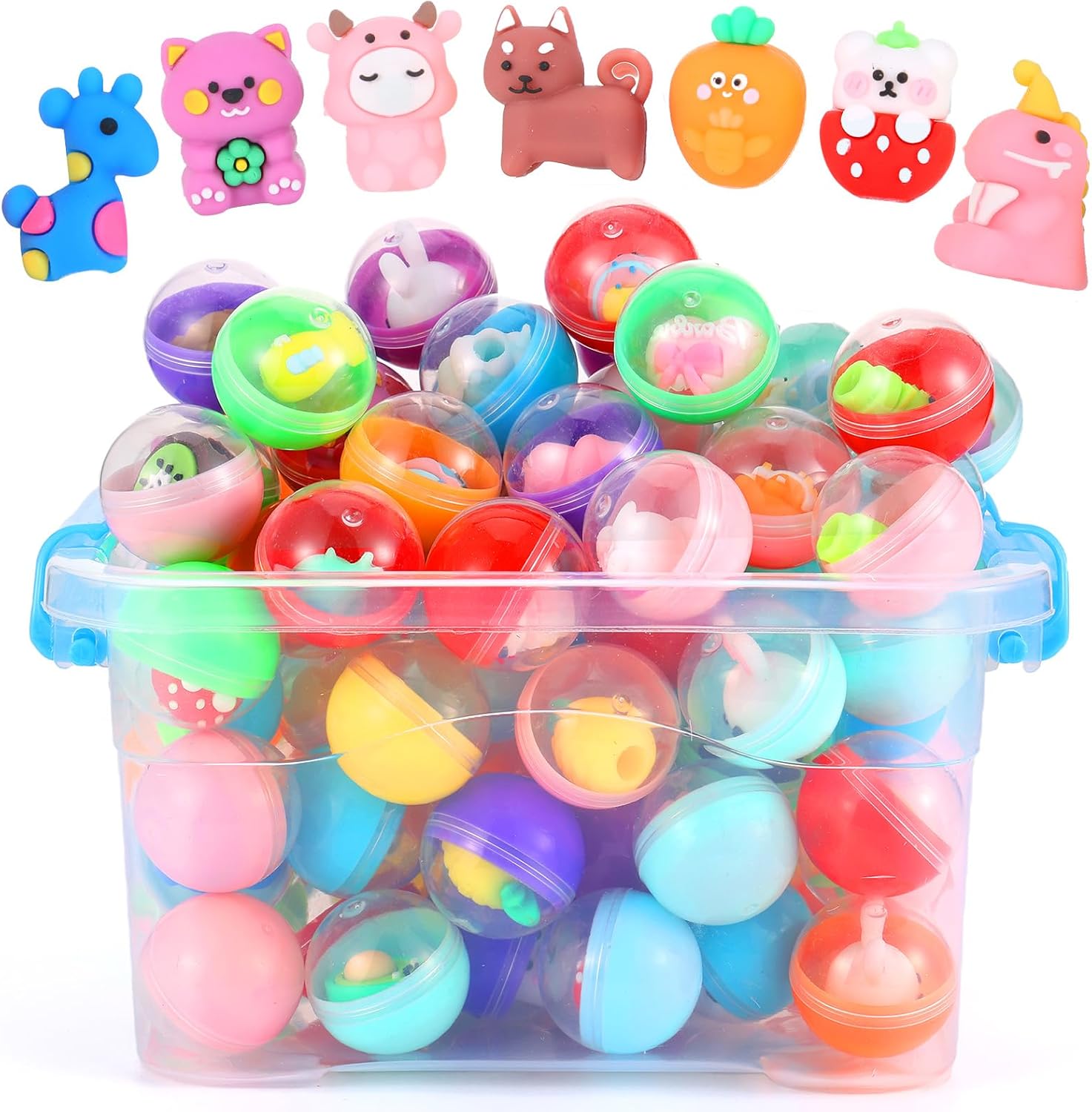 50 Pcs Gumball Capsules with Storage Box Clear Mini Round Capsule Contained Toys for Vending Machine Kindergarten Gift Classroom Prize Easter Basket Stuffer 1.3 Inches for Kids Over 3 Years