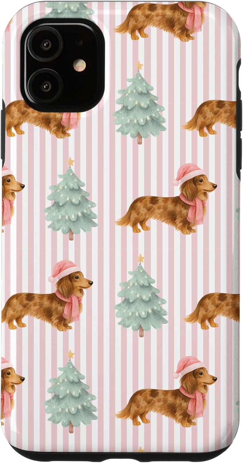 Brown Cream Dapple Dachshund Christmas Pink Stripe Pattern Case for iPhone 16