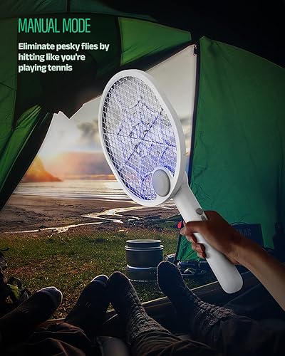 Miniatura 6 de Buzbug Matamoscas eléctrico, matamosquitos recargable tipo C, plegable, doble mano y modo Zap automático, potente raqueta de 3800 V para matamoscas