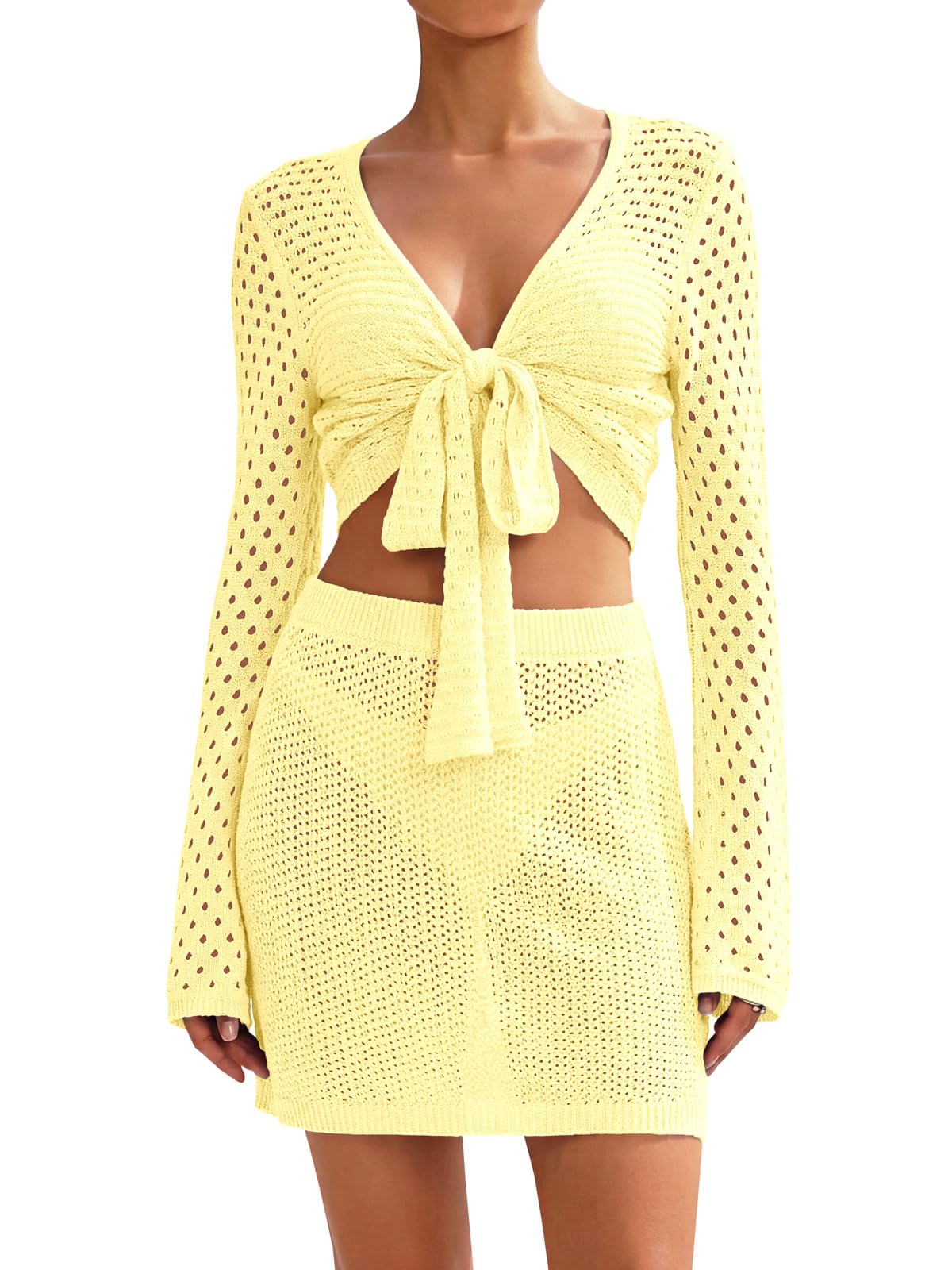 saodimallsu Women Crochet Swimsuit 2 Pieces Crop Long Sleeve Tie Front Mini Skirt Set-picture-47