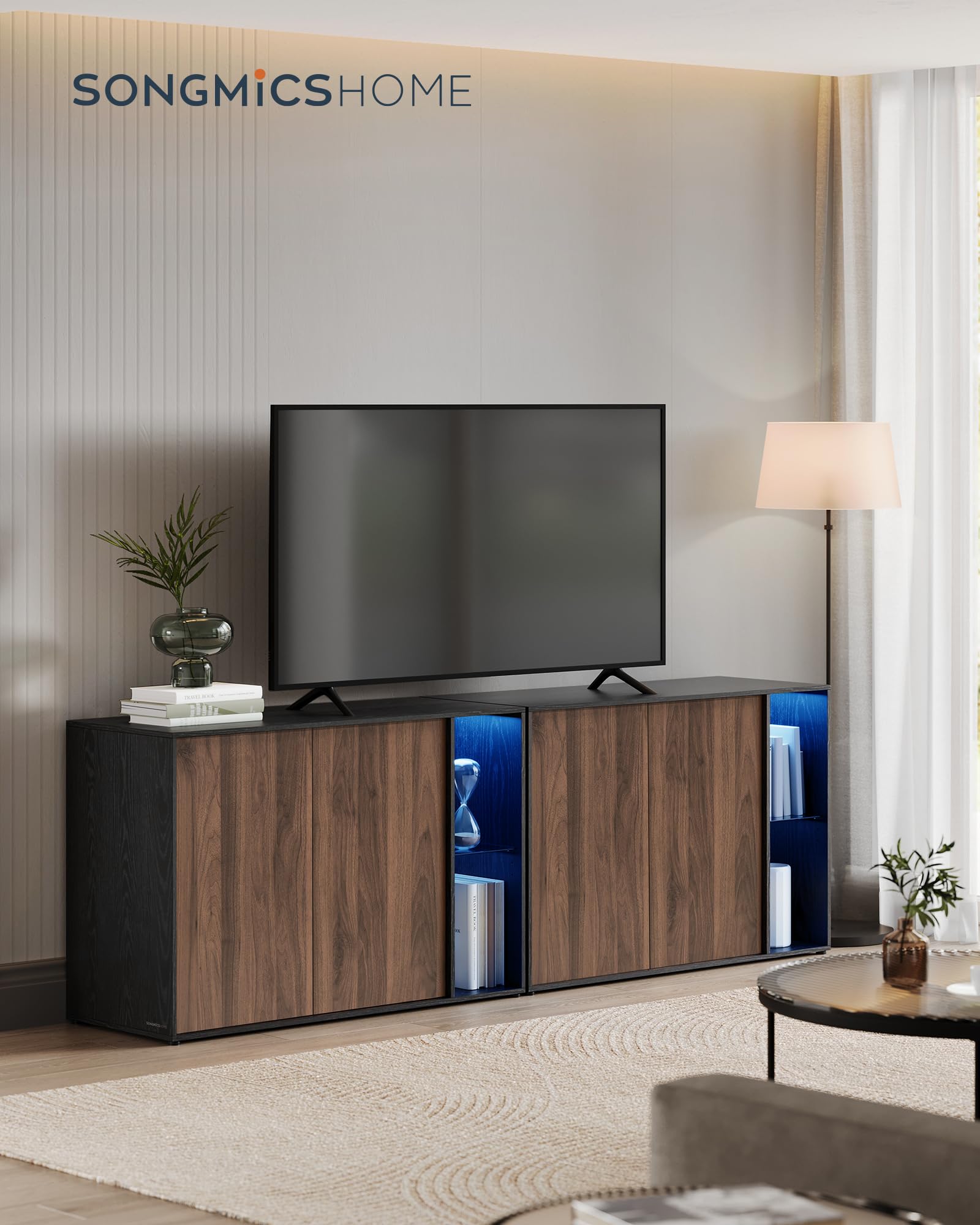 SONGMICS HOME Super szybki montaż bez użycia narzędzi, kredens z oświetleniem, szafka do przechowywania, szafka RTV, półka szklana, technologia beznarzędziowa, orzech naturalny czarny BBK372B01