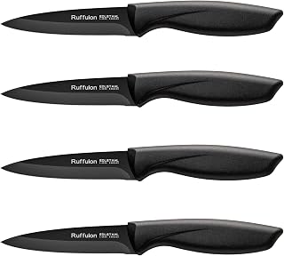 Ruffulon 4-Piece Black Stainless Steel Paring Knife Set - 3.9" Razor-Sharp Fruit Vegetable Knives Ergonomic Non-Slip Handles