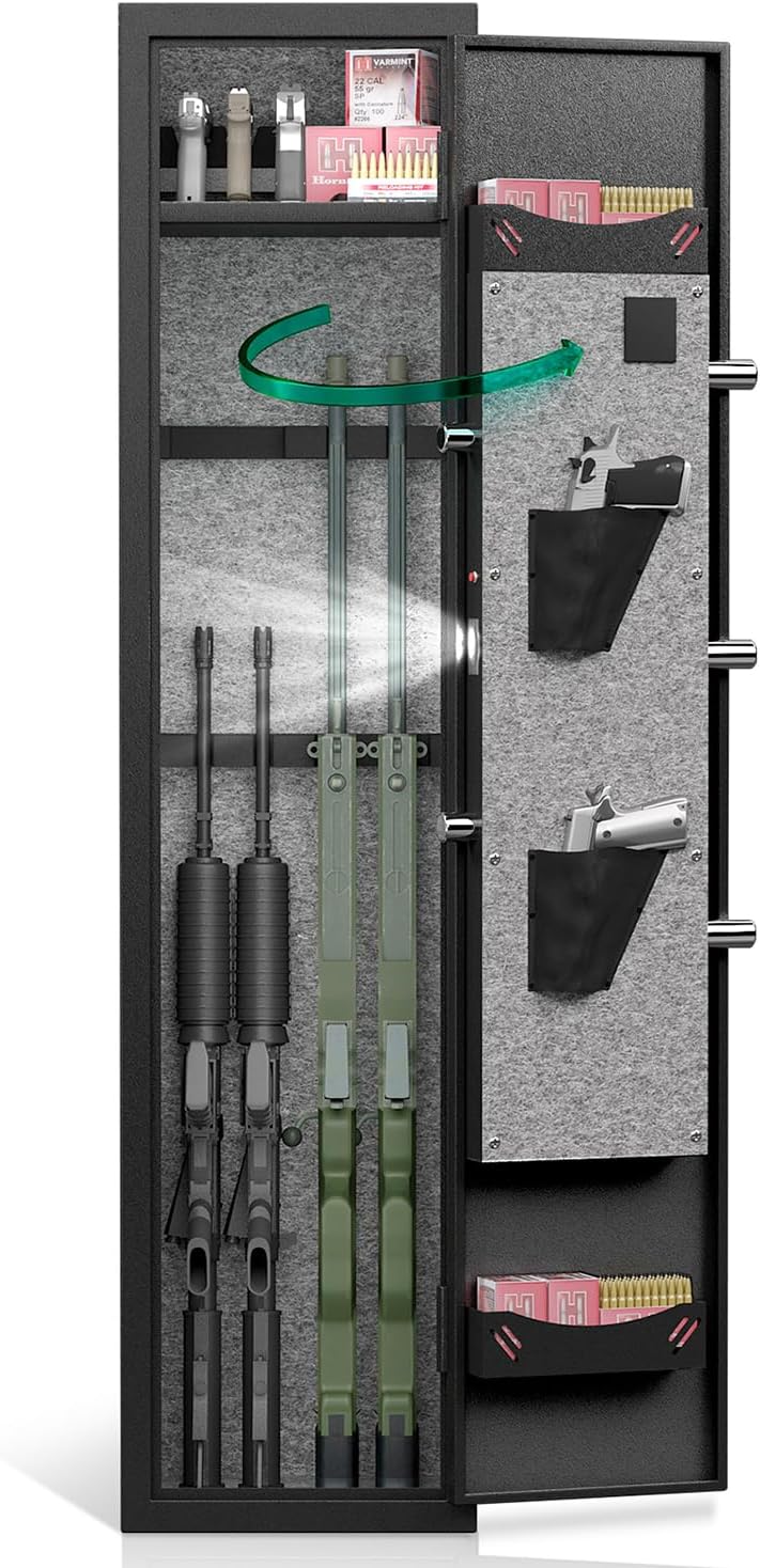3-4 Gun Safe for Rifles Pistols Shotguns | Quick Access Digital Lock Security Cabinet | Heavy Duty Steel with Removable Shelf, Adjustable Gun Racks & Pistol Pouches | LED Light, Anti-Pry Design