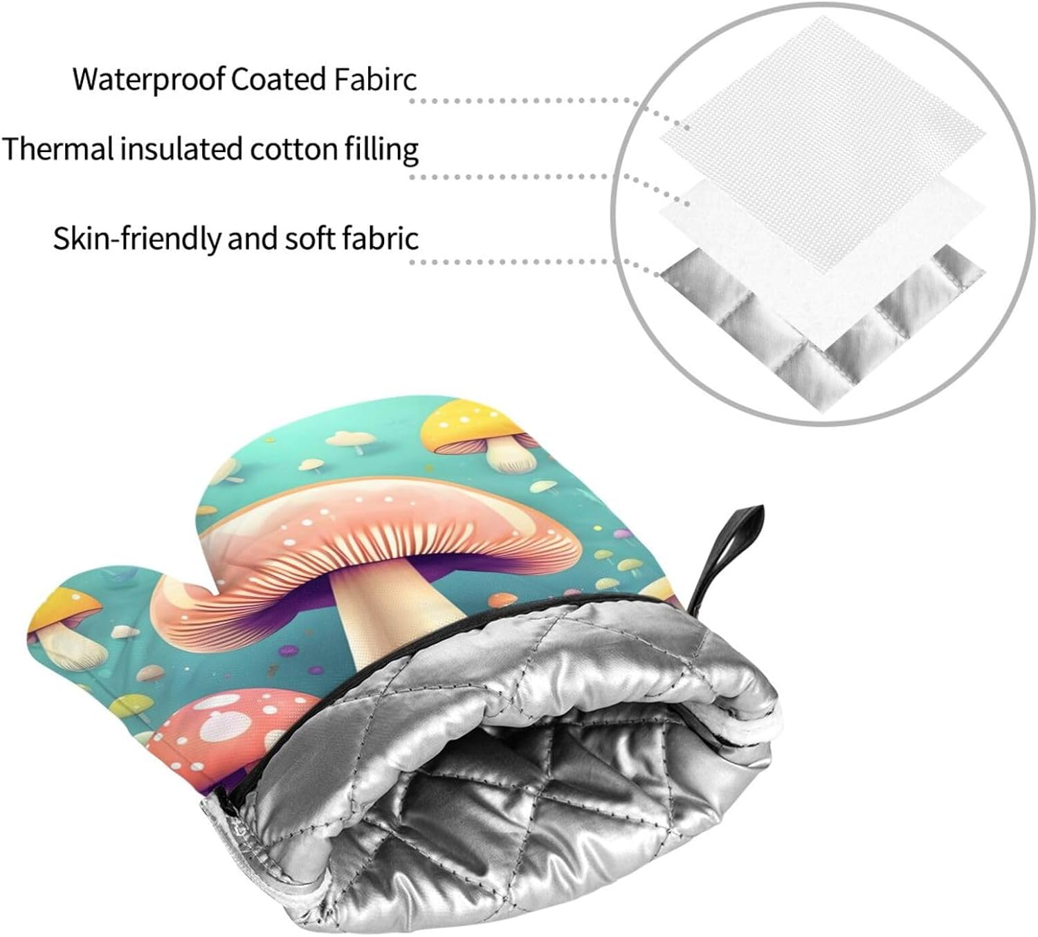 Pretty little mushrooms Oven gloves and heat-resistant mat 4-piece set. Suitable for grilling, microwave oven frying, and baking