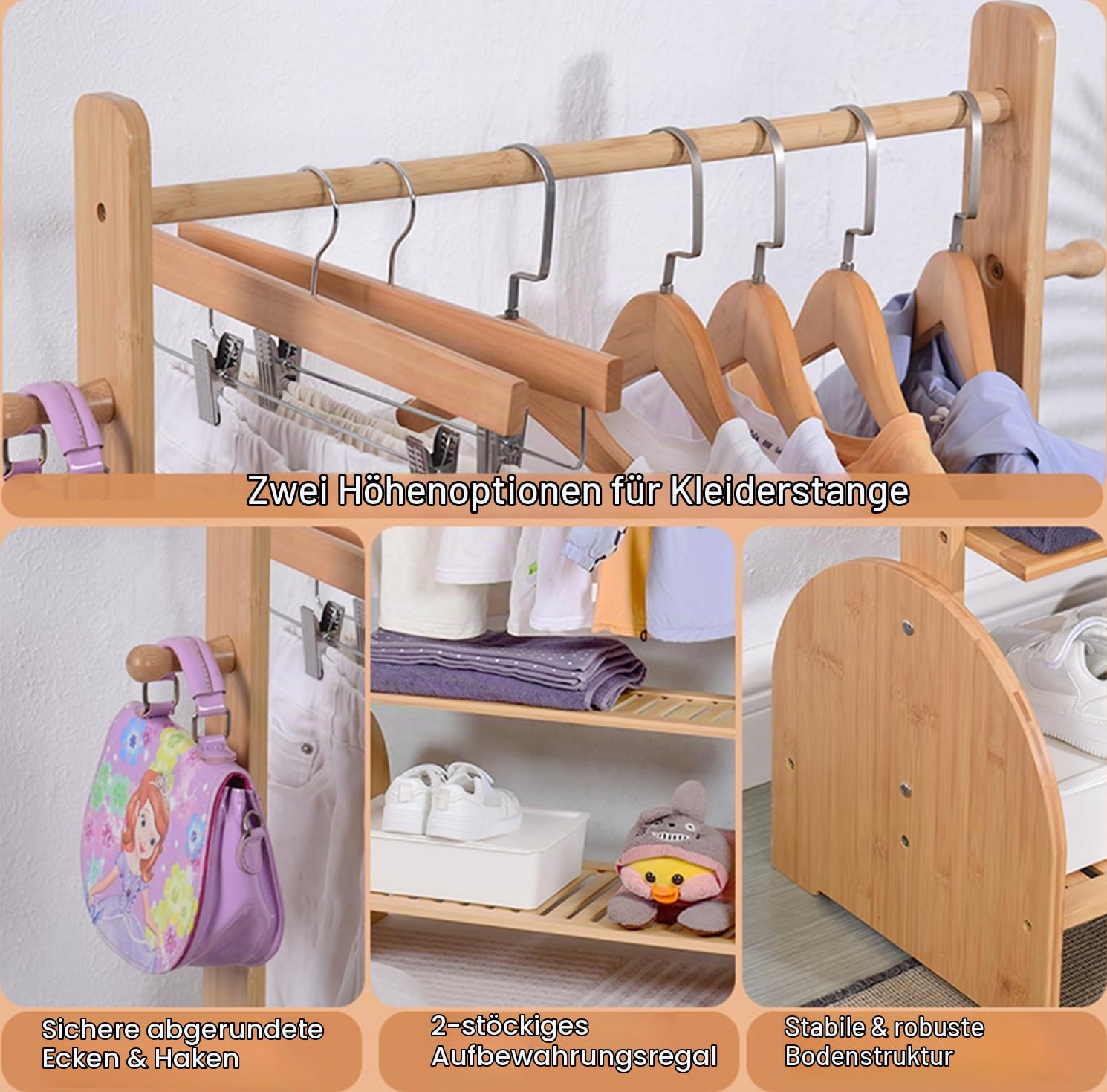 BAMBOOHOMIE Kinder-Kleiderständer mit verstellbaren Stangen, Kleiderständer für Kinder, Babys und Haustiere, Spielzeug-Organizer mit 2 Ablageböden, Kinder-Garderobe für Kleinkinder und Kinderzimmer