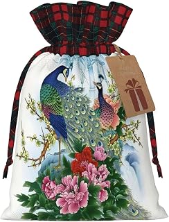 Bolsas de dulces de Navidad con estampado de pavo real, bolsas de cordón bloqueadas de color, bolsas de aperitivos con cordón