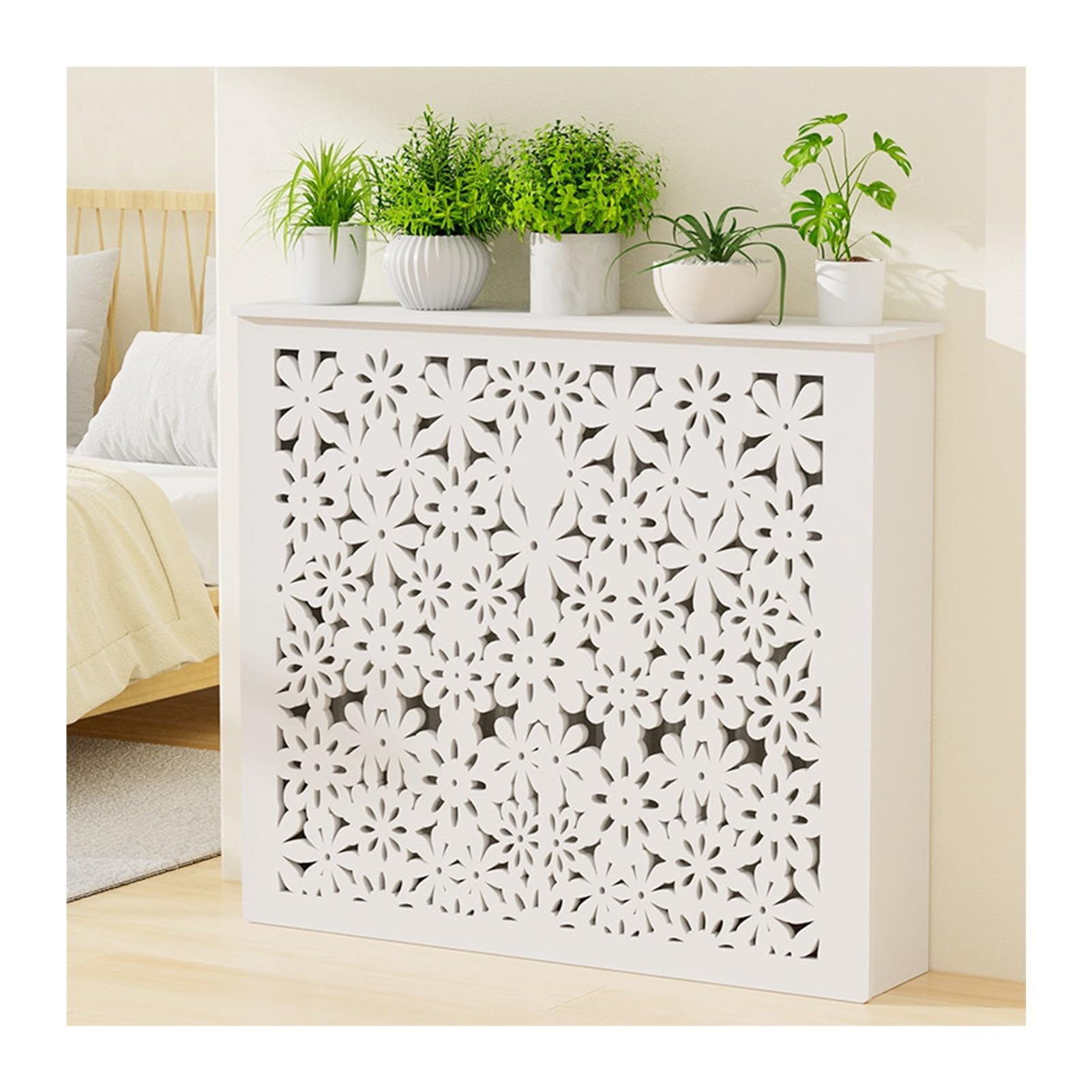 Cubierta de radiador blanca 60 cm de MDF con estante ventilado para pasillo y baño