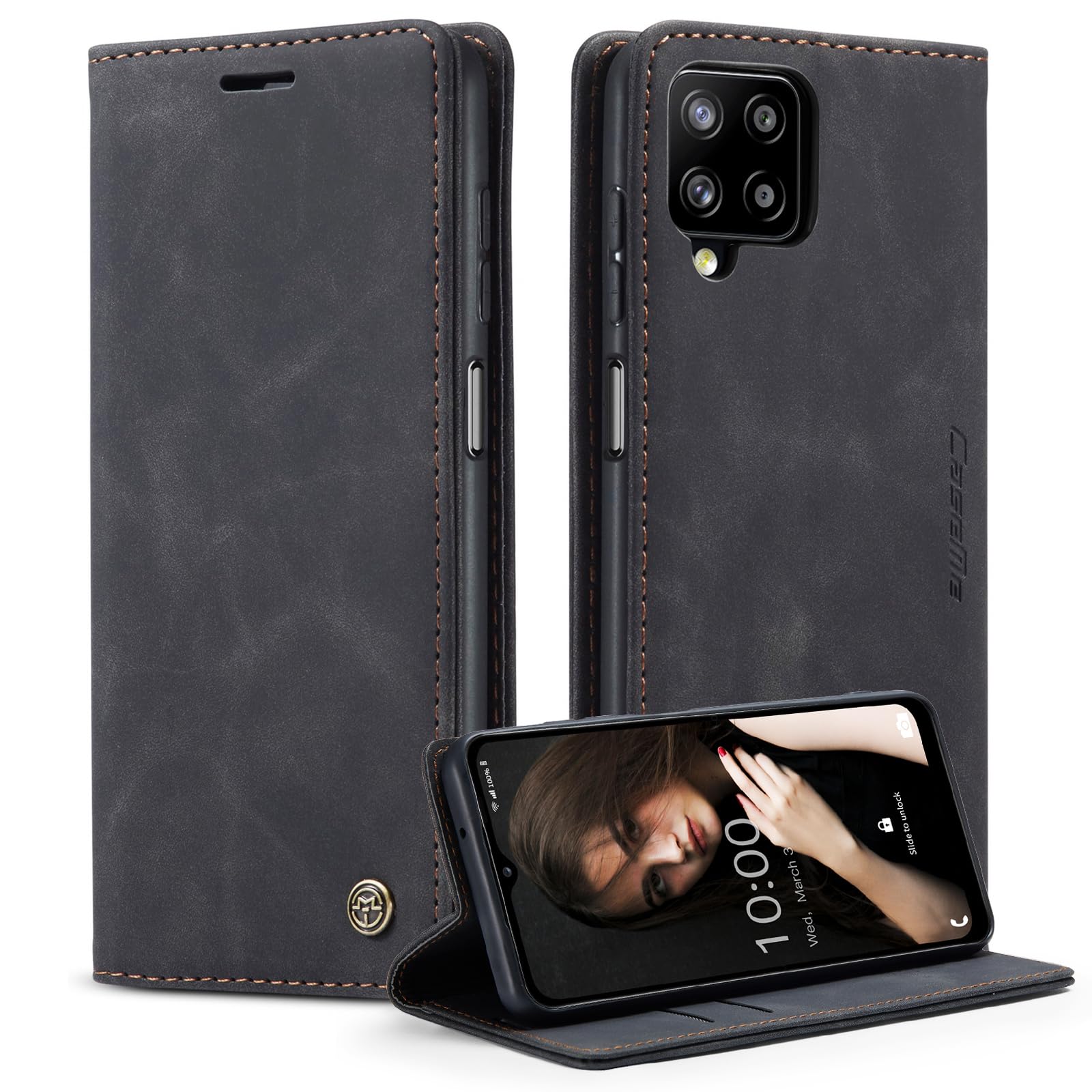 Handyhülle für Samsung Galaxy A12/M12, PU Leder Folio Wallet Hülle mit Kartenhalter und Kickstand, Premium TPU stoßfeste Innenhülle, Schutzhülle Folio Cover Kompatibel mit Galaxy A12/M12 5G-Schwarz