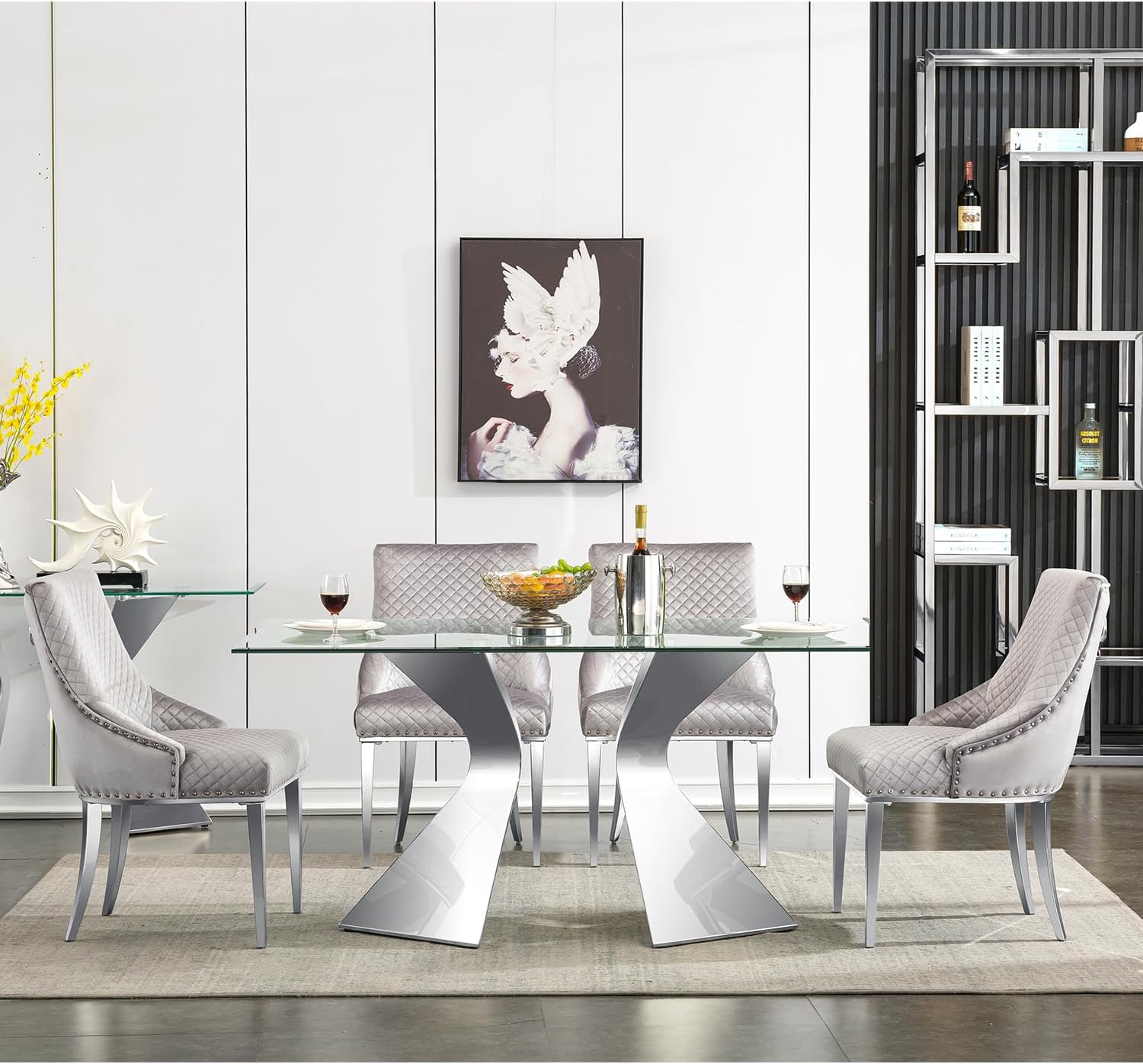 AUZ Sliver Tempered Glass Dining Table Set for 4, 5 Pieces