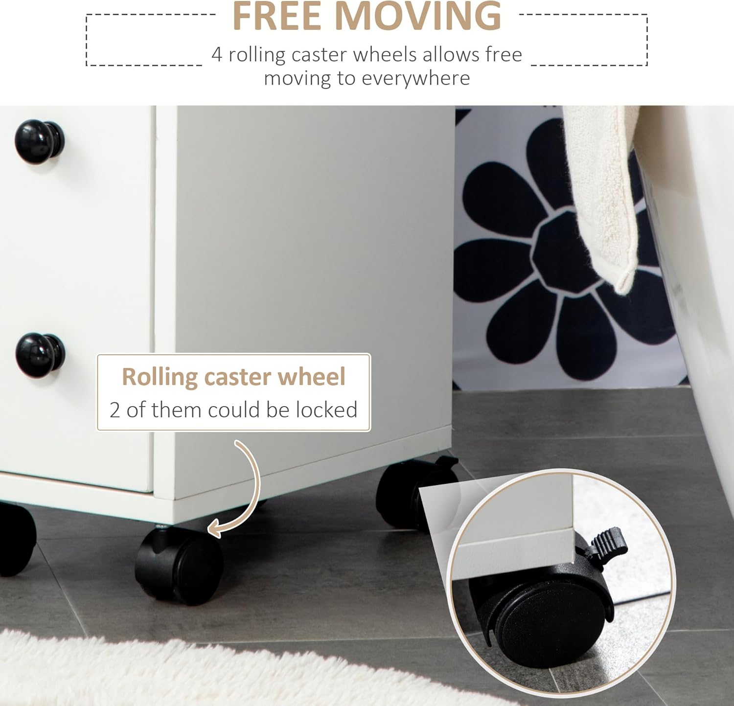 Close-up of the rolling caster wheels on the kleankin cabinet, with one wheel showing its locking mechanism.