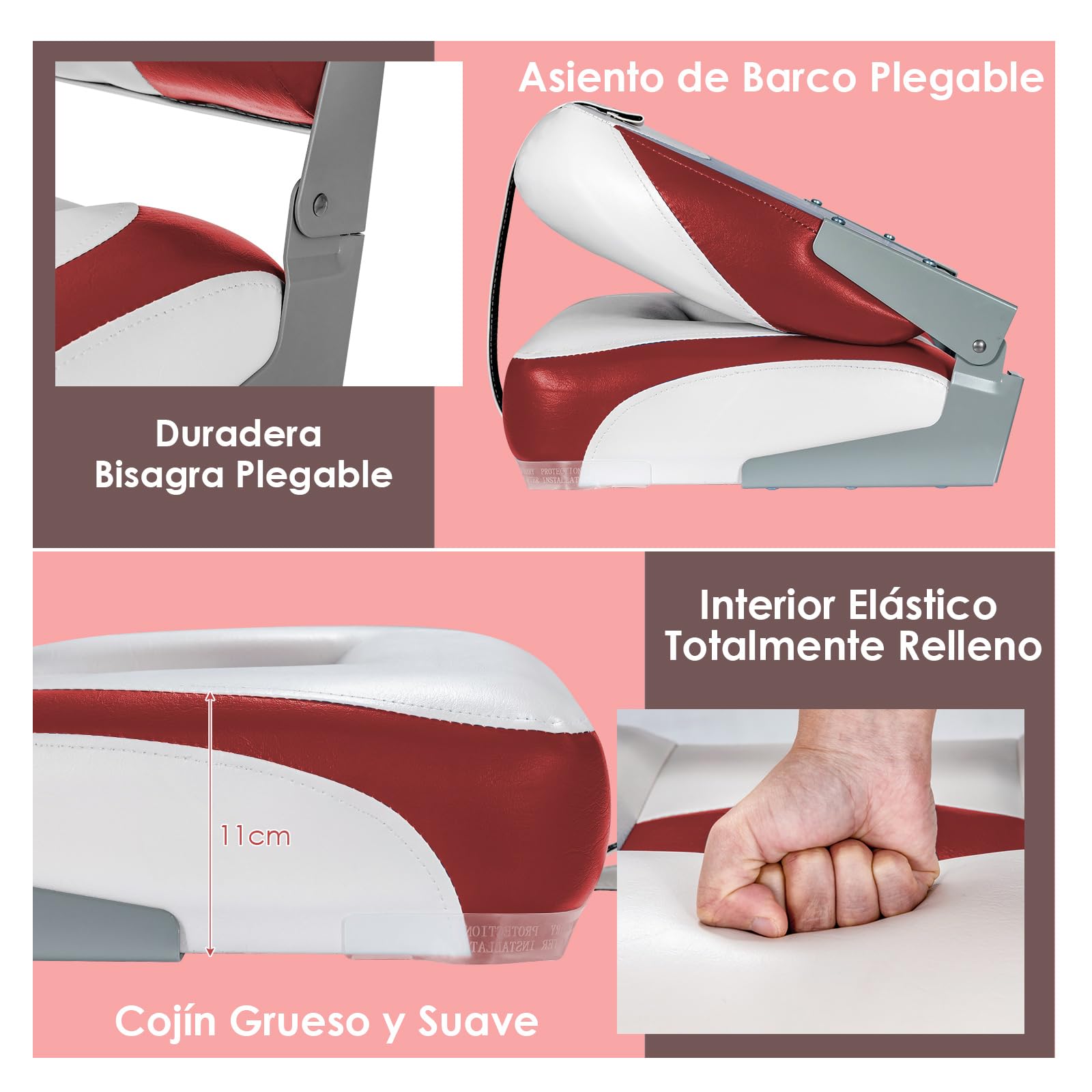 COSTWAY Sillas Plegables para Barco, 2 Asientos para Barco con Tira de Fijación Larga y Tornillos en Acero Inoxidable, Asiento Yate Ergonómicos con Espuma y Bisagras Metálicas (Blanco y Rojo)