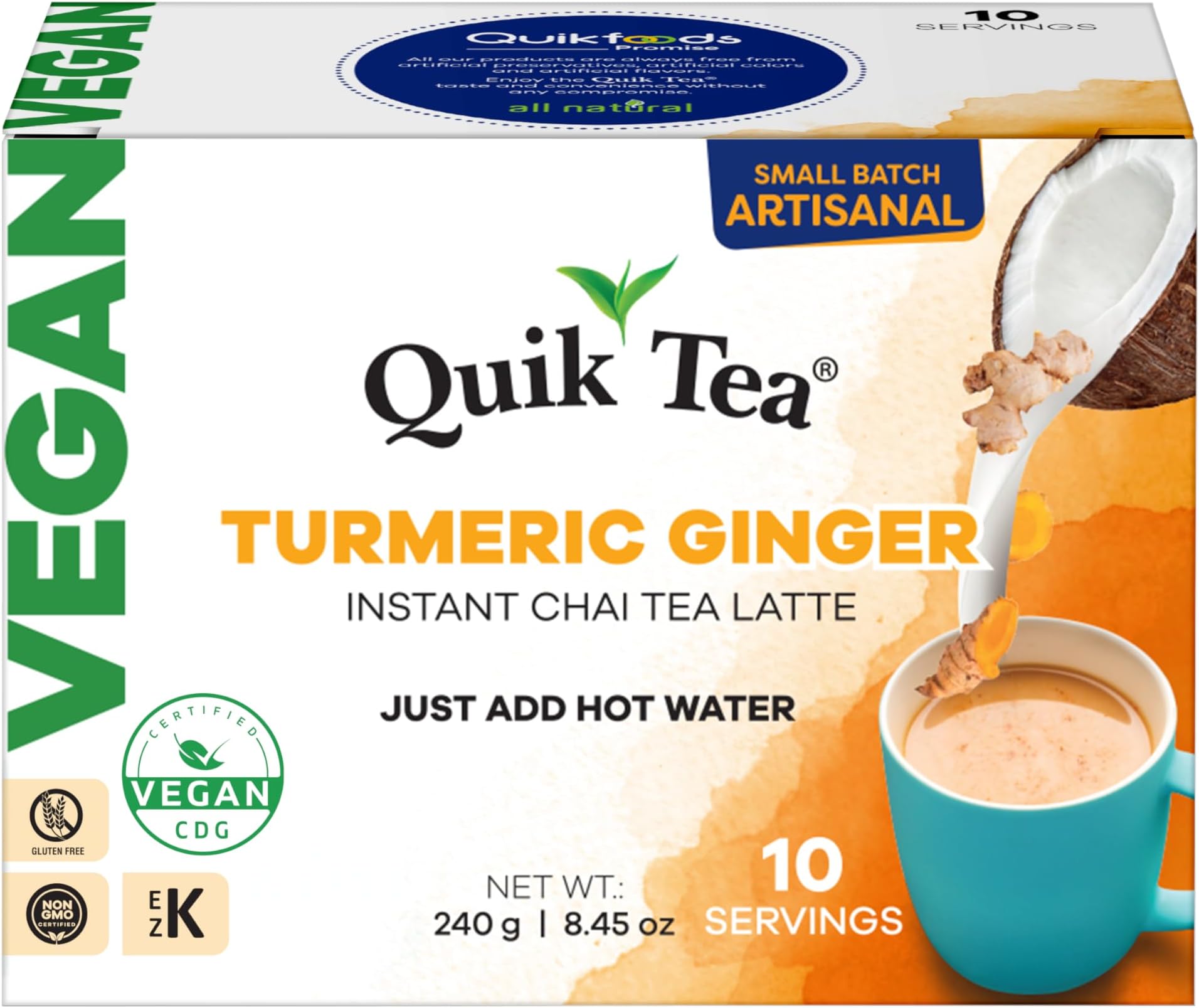 QuikTea Instant Vegan Turmeric Ginger Chai Tea Latte โ 10 Count, earthy turmeric glow with zesty ginger warmth, low Caffeine, No artificial colors, flavors, preservatives โ Just Add Hot Water, Kosher