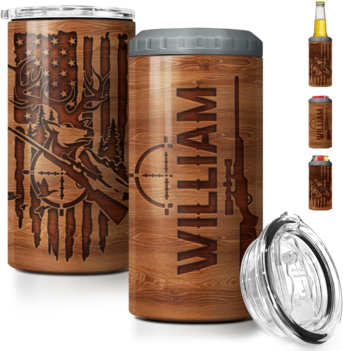 SANDJEST Personalized Hunting Tumbler Wood Style American Flag 4 in 1 16oz Tumbler Can Cooler Coozie Stainless Steel Tumbler Gift for Men Dad Best Friends Hunting Lovers Christmas Birthday Fathers Day