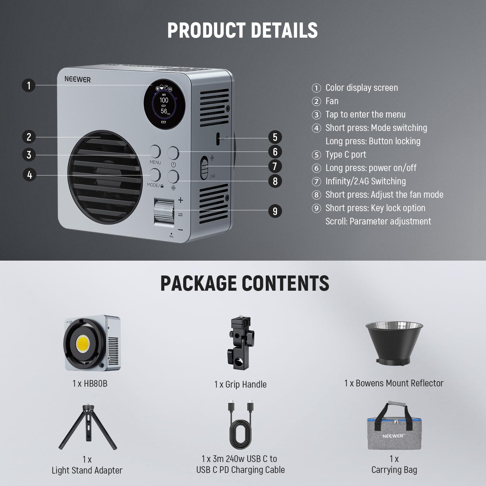 NEEWER 80W LED Video Light with 72Wh Battery/100W PD Fast Charging APP/2.4G Control Portable Bi Color Mini COB Studio Continuous Output Lighting 26500lx/1m 2700-6500K Dimmable CRI95+ 13 Scenes, HB80B