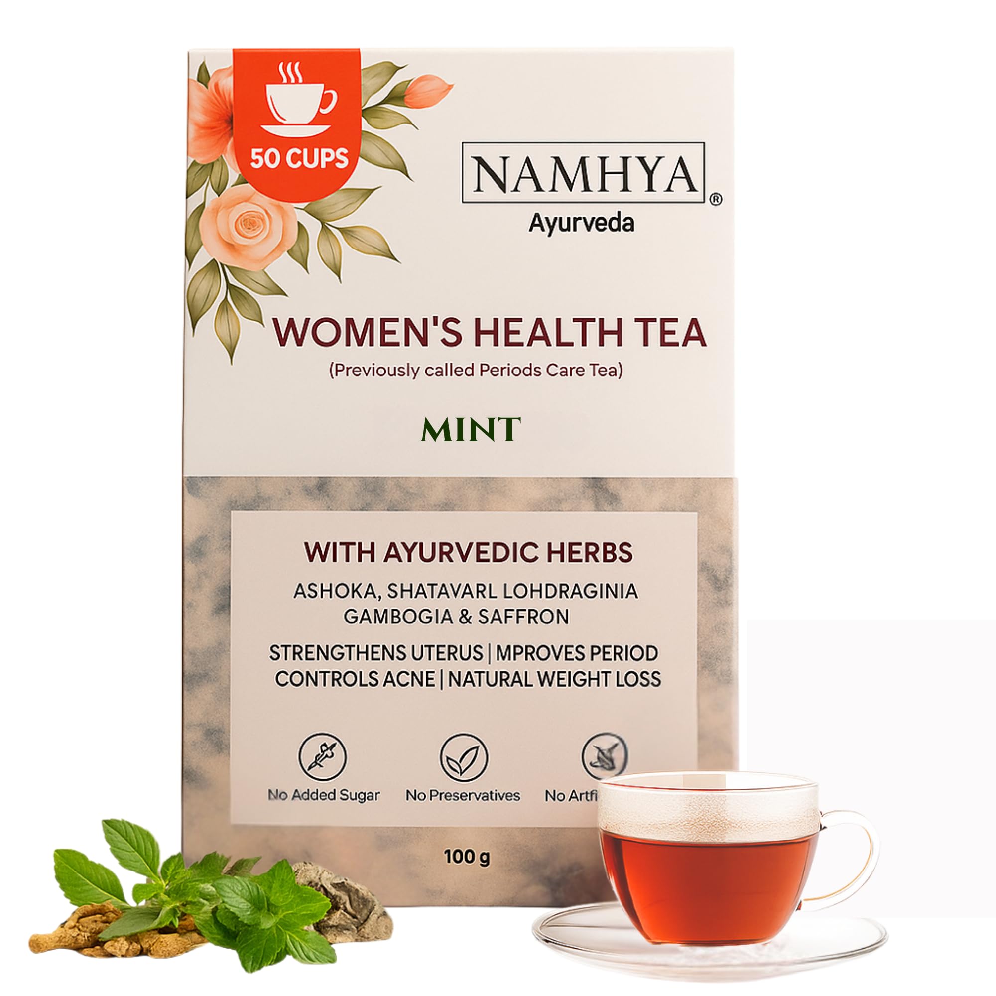 Namhya Period Care Herbal Mint Tea – 100g (50 Cups) – Mint Tea Leaves, Shatavari, Ashoka, Lodhra, Saffron – Relieves Cramps, PMS, Balances Hormones – Natural, No Preservatives