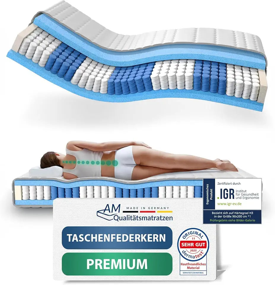 Rückenschmerzen: Therapie & Behandlung 3 AM Qualitätsmatratzen Premium Taschenfederkernmatratze 90x200cm H3 24cm - Made in Germany & Oeko TEX Siegel - 7 Zonen Federkernmatratze 90x200 mit Lyocell Bezug - Ergonomische Matratze 90x200 H3