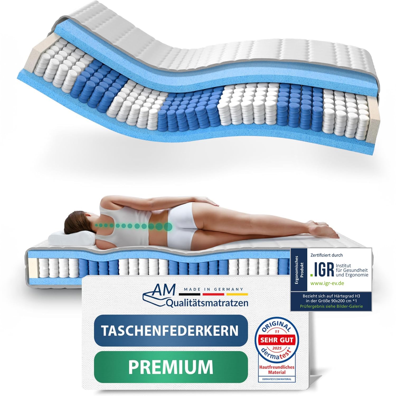 AM Qualitätsmatratzen Hochwertige 7-Zonen Taschenfederkernmatratze 90x200cm – 24 cm Premiumhöhe – Tonnentaschenfederkernmatratze 90×200 cm – H3