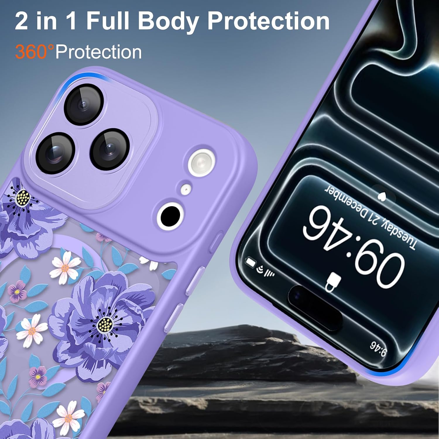TEAUGHT Compatible for iPhone 17 Pro Case Magnetic Compatible with MagSafe, Pretty Flower Floral Pattern Clear Design Slim Soft Silicone Shockproof Protective for Girls Women, Purple